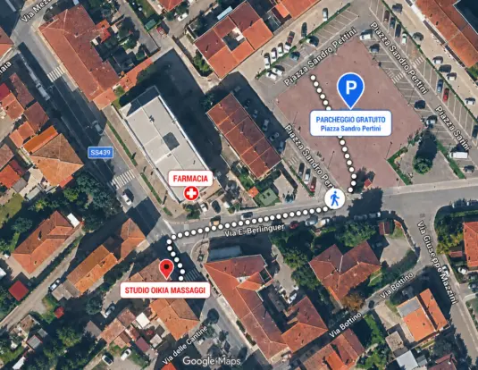Mappa del parcheggio gratuito di Piazza Sandro Pertini, a pochi passi dallo Studio Oikia Massaggi a Capannoli.